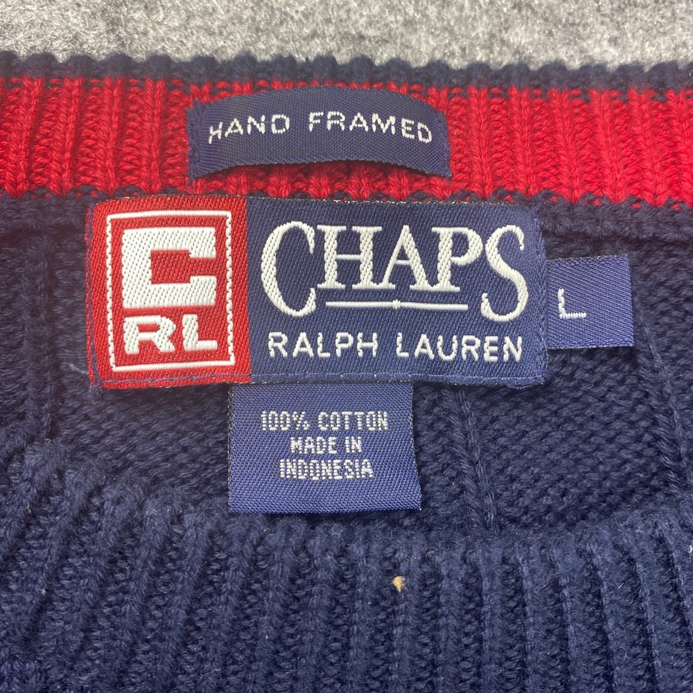 Vintage Chaps Ralph Lauren Navy Blue Ribbed Cotton Crest Sweater Mens Large READ - Picture 4 of 9